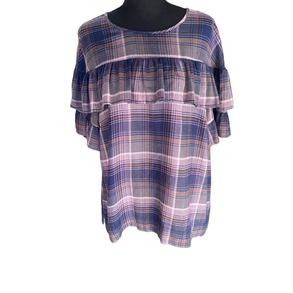 Cremieux Flannel Purple Blue Green Brown Plaid Ruffle Top Women's Lg